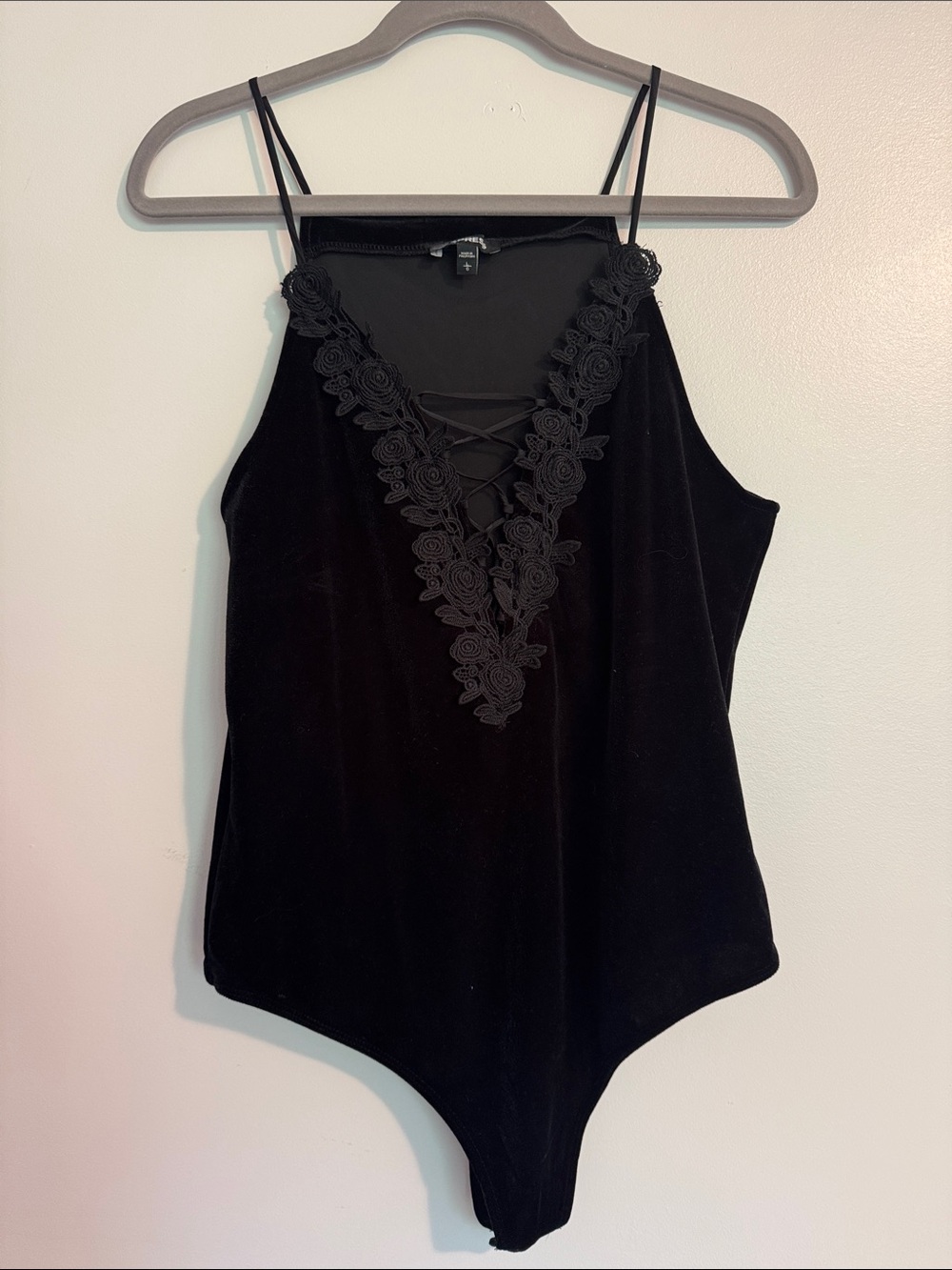 Express Black Lace-Trim Velvet Bodysuit